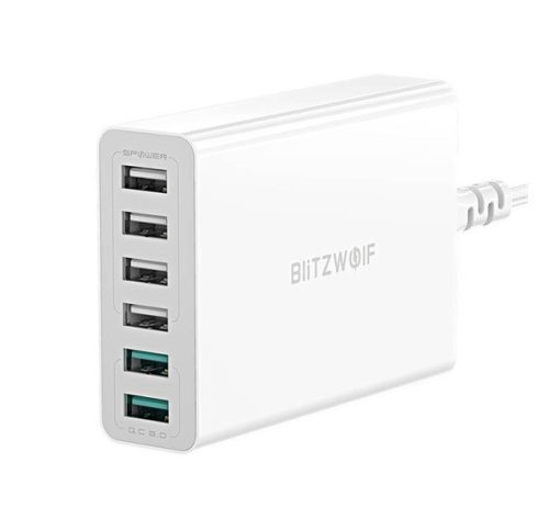 BLITZWOLF hálózati elosztó 6 USB aljzat (60W, PD gyorstöltő 3.0) FEHÉR