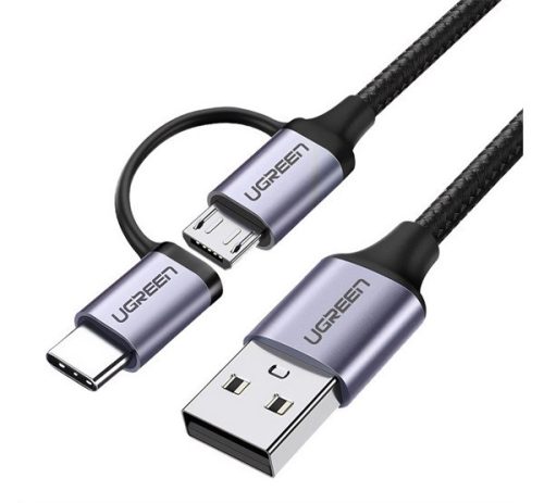 UGREEN adatkábel 2in1 (USB - Type-C/microUSB, 3A, gyorstöltő 3.0, 100cm) FEKETE