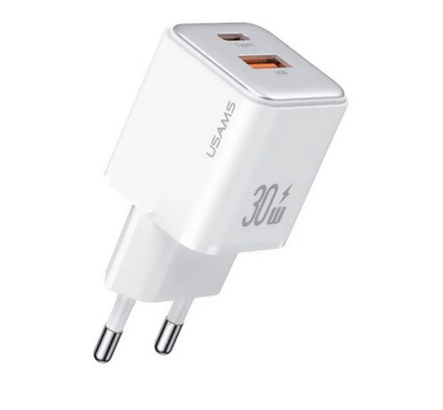 USAMS X-RON hálózati töltő USB+Type-C aljzat (30W, PD gyorstöltő) FEHÉR