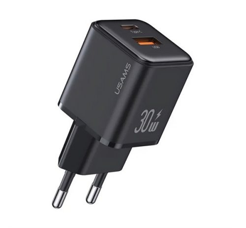 USAMS X-RON hálózati töltő USB+Type-C aljzat (30W, PD gyorstöltő) FEKETE