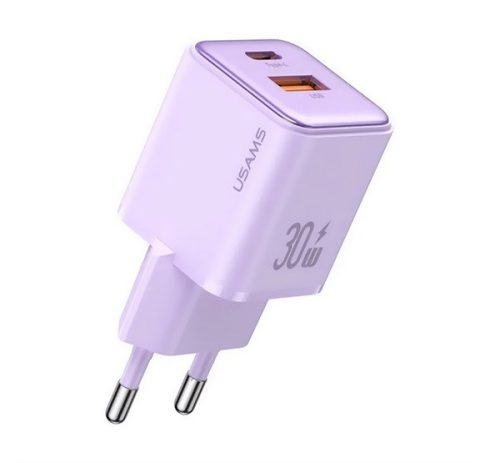 USAMS X-RON hálózati töltő USB+Type-C aljzat (30W, PD gyorstöltő) LILA