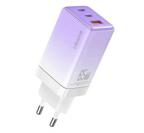 USAMS SANDRU hálózati töltő USB+2 Type-C aljzat (65W, GaN, PD gyorstöltő 3.0) LILA/FEHÉR