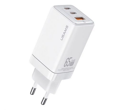 USAMS SANDRU hálózati töltő USB+2 Type-C aljzat (65W, GaN, PD gyorstöltő 3.0) FEHÉR