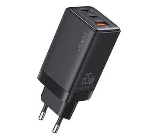 USAMS SANDRU hálózati töltő USB+2 Type-C aljzat (65W, GaN, PD gyorstöltő 3.0) FEKETE