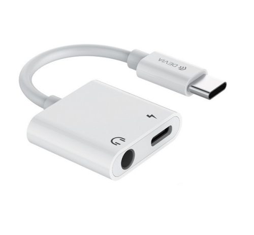 DEVIA audió adapter és töltőkábel (elosztó, Type-C+3.5mm jack aljzat - Type-C, gyorstöltő) FEHÉR