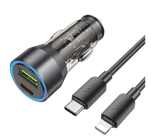 HOCO autós töltő USB+Type-C aljzat (43W, PD gyorstöltő, LED jelzés + lightning kábel) FEKETE