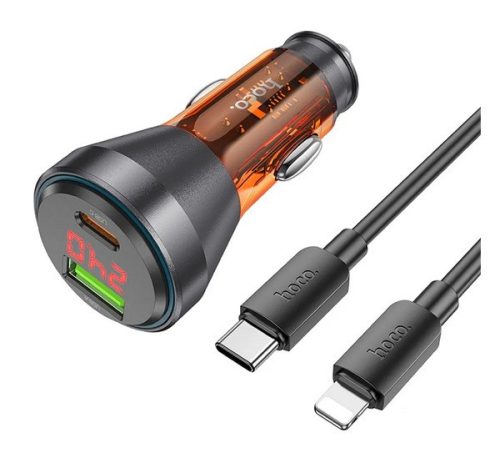 HOCO autós töltő USB+Type-C aljzat (48W, PD gyorstöltő, LED kijelző + lightning kábel) NARANCSSÁRGA