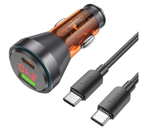 HOCO autós töltő USB+Type-C aljzat (48W, PD gyorstöltő, LED kijelző + Type-C kábel) NARANCSSÁRGA