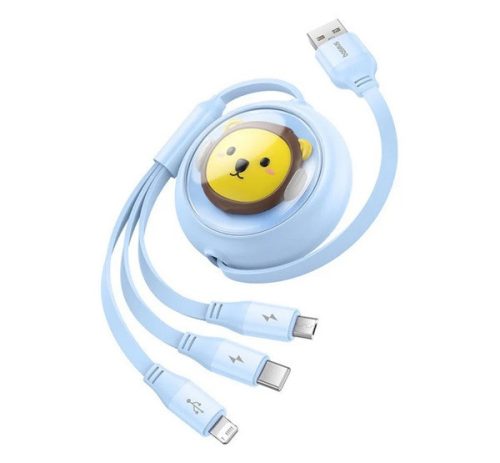 BASEUS LEO adatkábel 3in1 (USB - lightning/microUSB/Type-C, 2A, 110cm, csévélhető) VILÁGOSKÉK