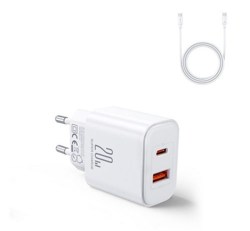 JOYROOM hálózati töltő USB+Type-C aljzat (20W, PD gyorstöltő + Type-C kábel) FEHÉR