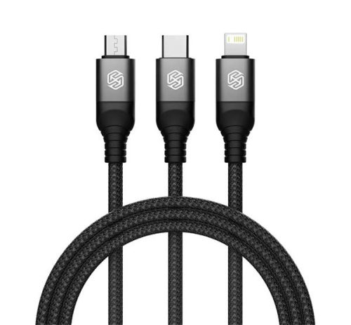 NILLKIN SWIFT PRO adatkábel 3in1 (USB - lightning/microUSB/Type-C, 4.4A, gyorstöltő, 150cm, cipőfűző) FEKETE