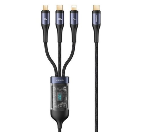 USAMS U83 töltőkábel 3in1 (Type-C - lightning/microUSB/Type-C, LED kijelző, 100W, 120cm, cipőfűző) FEKETE