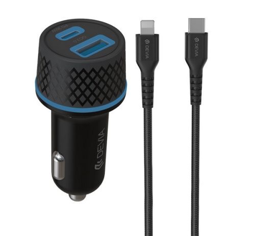 DEVIA EXTREME autós töltő USB+Type-C aljzat (52.5W, PD gyorstöltő 3.0 + lightning kábel) FEKETE