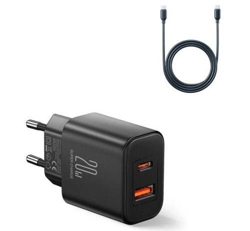 JOYROOM hálózati töltő USB+Type-C aljzat (20W, PD gyorstöltő + Type-C kábel) FEKETE