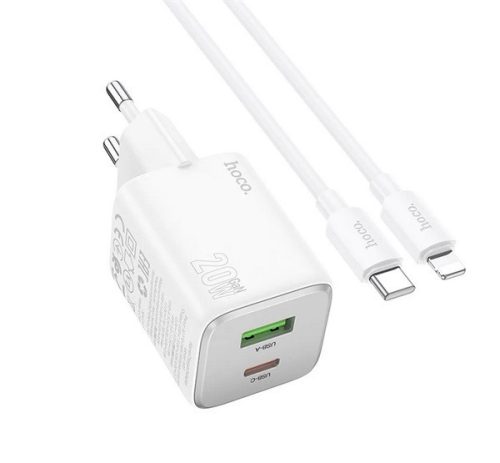 HOCO N41 hálózati töltő USB+Type-C aljzat (20W, GaN, PD gyorstöltő 3.0 + lightning kábel) FEHÉR