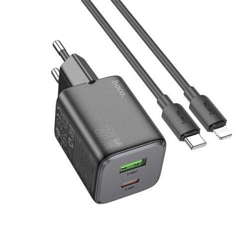 HOCO N41 hálózati töltő USB+Type-C aljzat (20W, GaN, PD gyorstöltő 3.0 + lightning kábel) FEKETE