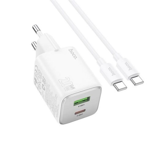 HOCO N41 hálózati töltő USB+Type-C aljzat (20W, GaN, PD gyorstöltő 3.0 + Type-C kábel) FEHÉR