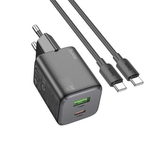 HOCO N41 hálózati töltő USB+Type-C aljzat (20W, GaN, PD gyorstöltő 3.0 + Type-C kábel) FEKETE