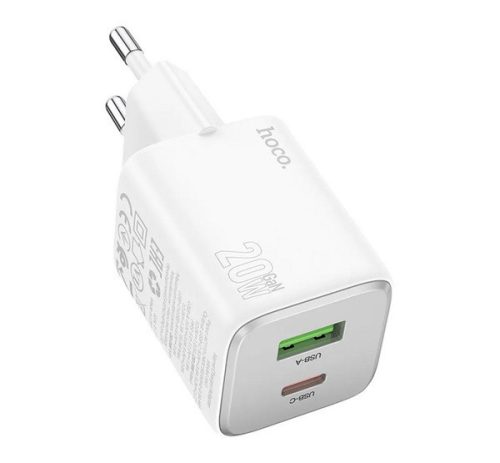 HOCO N41 hálózati töltő USB+Type-C aljzat (20W, GaN, PD gyorstöltő 3.0) FEHÉR