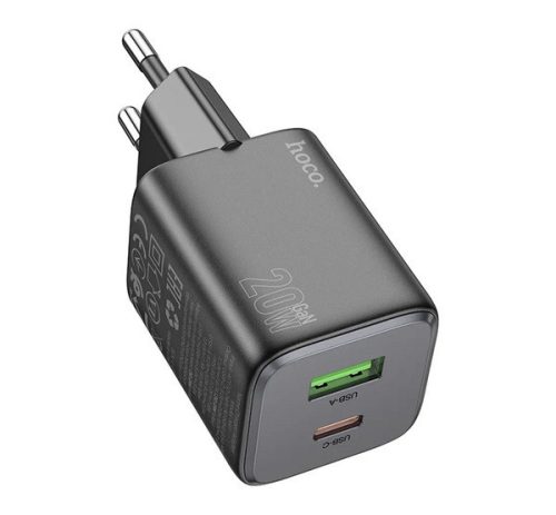 HOCO N41 hálózati töltő USB+Type-C aljzat (20W, GaN, PD gyorstöltő 3.0) FEKETE