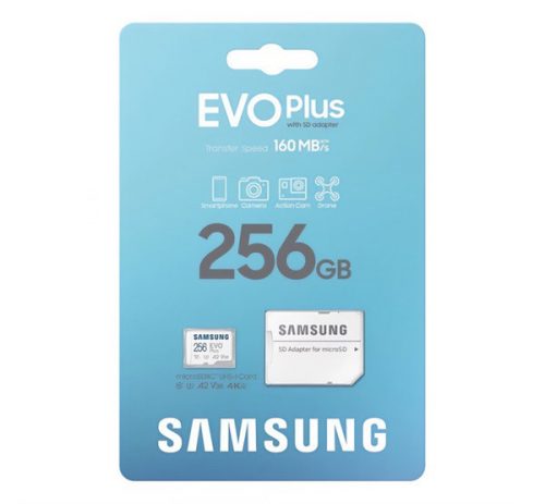 SAMSUNG memóriakártya 256GB (microSDXC EVOPlus Blue Wave - Class 10, UHS-1) + SD adapter