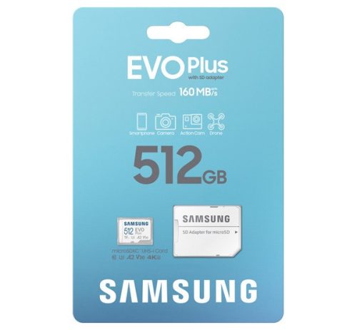 SAMSUNG memóriakártya 512GB (microSDXC EVOPlus Blue Wave - Class 10, UHS-1) + SD adapter