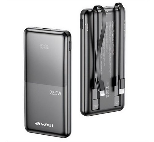 AWEI P76K vésztöltő USB+Type-C aljzat (10000mAh, 22.5W, PD gyorstöltő + fix Type-C+lightning kábel) FEKETE