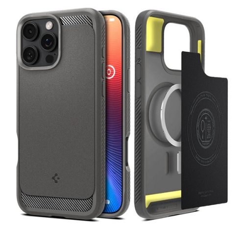 SPIGEN RUGGED ARMOR szilikon telefonvédő (ütésállóság, légpárnás sarok, karbon minta, MagSafe) VILÁGOSSZÜRKE