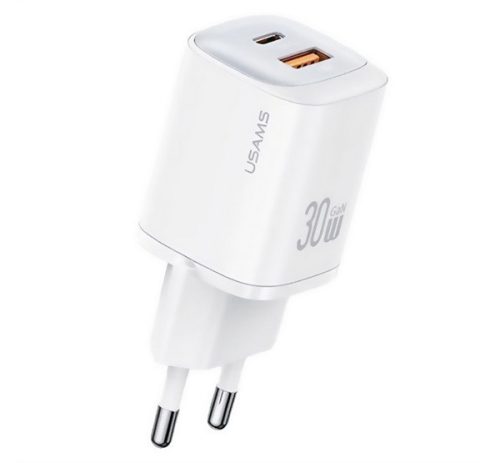 USAMS CC254 hálózati töltő USB+Type-C aljzat (30W, GaN, PD gyorstöltő) FEHÉR