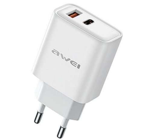 AWEI PD81-EU hálózati töltő USB+Type-C aljzat (22.5W, GaN, PD gyorstöltő) FEHÉR