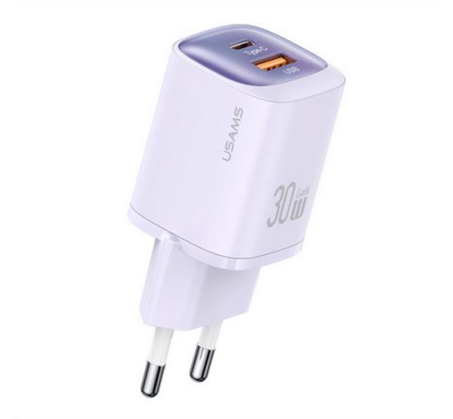 USAMS CC254 hálózati töltő USB+Type-C aljzat (30W, GaN, PD gyorstöltő) LILA