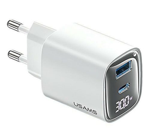 USAMS CC229 hálózati töltő USB+Type-C aljzat (30W, GaN, PD gyorstöltő, LED kijelző) FEHÉR