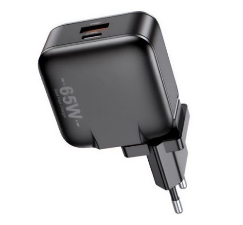 AWEI PD55-EU hálózati töltő USB+Type-C aljzat (65W, GaN, PD gyorstöltő) FEKETE