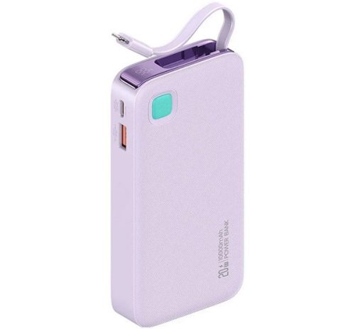 AWEI XY vésztöltő USB+Type-C aljzat (10000mAh, 20W, PD gyorstöltő, LED kijelző + fix lightning kábel) LILA