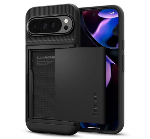 SPIGEN SLIM ARMOR CS szilikon telefonvédő (műanyag hátlap, kártyatartó, ütésállóság, légpárnás sarok) FEKETE