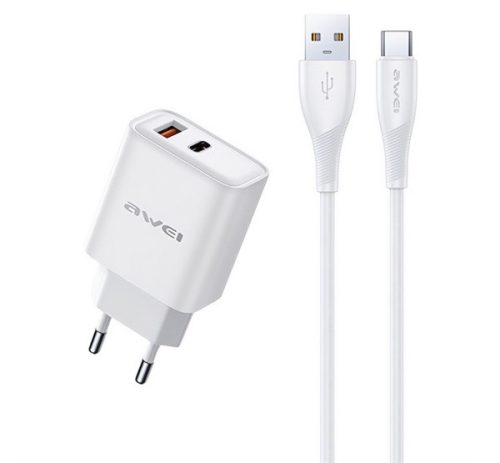 AWEI PD81T-EU hálózati töltő USB+Type-C aljzat (22.5W, GaN, PD gyorstöltő + Type-C kábel) FEHÉR