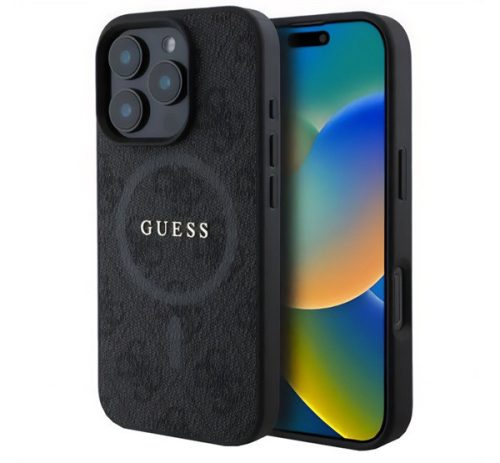 GUESS 4G RING CLASSIC LOGO szilikon telefonvédő (ütésállóság, textil hátlap, MagSafe) FEKETE