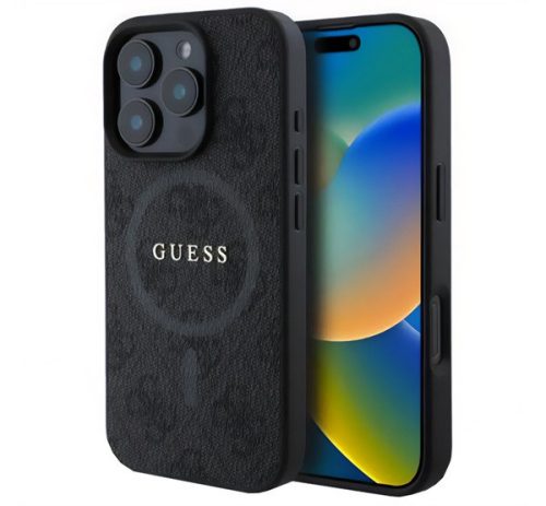 GUESS 4G RING CLASSIC LOGO szilikon telefonvédő (ütésállóság, textil hátlap, MagSafe) FEKETE