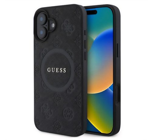 GUESS SAFFIANO PEONY CLASSIC LOGO szilikon telefonvédő (ütésállóság, bőr hatású hátlap, MagSafe) FEKETE