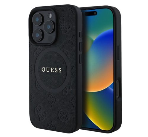 GUESS SAFFIANO PEONY CLASSIC LOGO szilikon telefonvédő (ütésállóság, bőr hatású hátlap, MagSafe) FEKETE