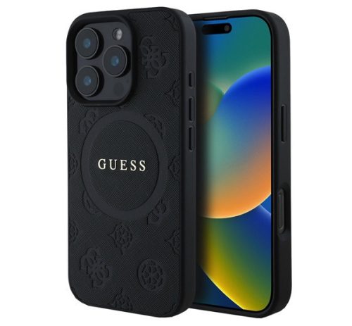 GUESS SAFFIANO PEONY CLASSIC LOGO szilikon telefonvédő (ütésállóság, bőr hatású hátlap, MagSafe) FEKETE