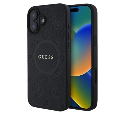 GUESS SAFFIANO PEONY CLASSIC LOGO szilikon telefonvédő (ütésállóság, bőr hatású hátlap, MagSafe) FEKETE