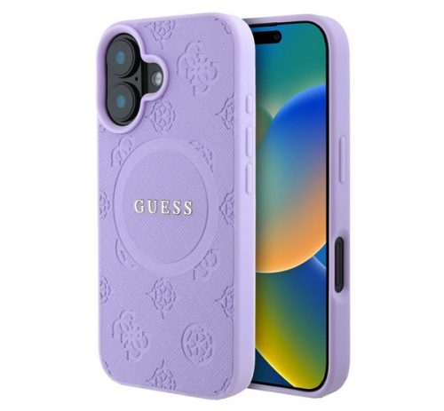 GUESS SAFFIANO PEONY CLASSIC LOGO szilikon telefonvédő (ütésállóság, bőr hatású hátlap, MagSafe) LILA