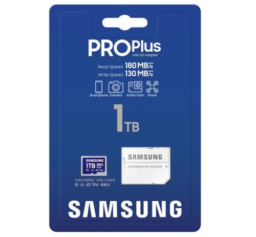 SAMSUNG memóriakártya 1TB (microSDXC PRO Plus - CLASS 10, UHS-1, U3, V30, A2, R180/W130) + SD adapter