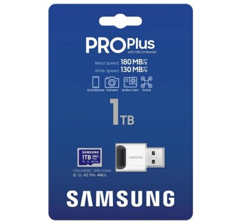 SAMSUNG memóriakártya 1TB (microSDXC PRO Plus - CLASS 10, UHS-1, U3, V30, A2, R180/W130) + USB kártyaolvasó