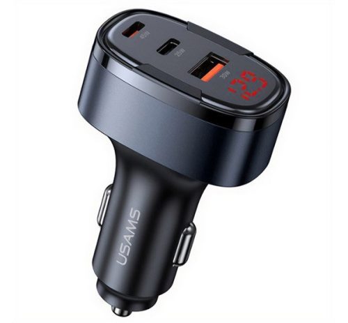 USAMS C42 autós töltő USB+2 Type-C aljzat (100W, PD gyorstöltő, LED kijelző) FEKETE