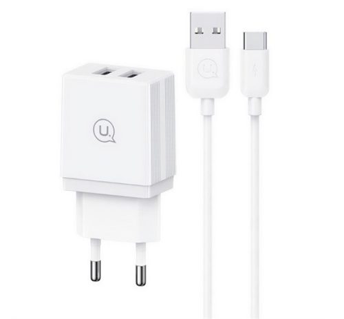 USAMS HC hálózati töltő 2 USB aljzat (18W, gyorstöltő + Type-C kábel) FEHÉR