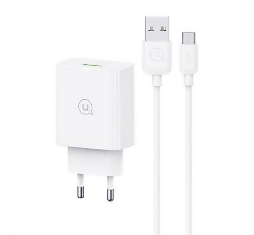 USAMS SC hálózati töltő USB aljzat (18W, PD gyorstöltő 3.0 + microUSB kábel) FEHÉR