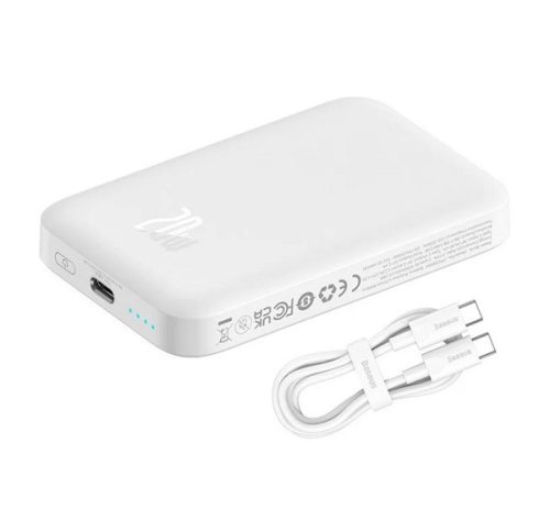 BASEUS MAGNETIC MINI vésztöltő Type-C aljzat (6000mAh, 20W, PD gyorstöltő, wireless, MagSafe + Type-C kábel) FEHÉR