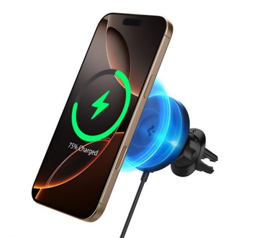 SPIGEN ONETAP PRO4 autós tartó (szellőzőre, mágneses, csíptethető, 360°, wireless, gyorstöltő, 15W) FEKETE